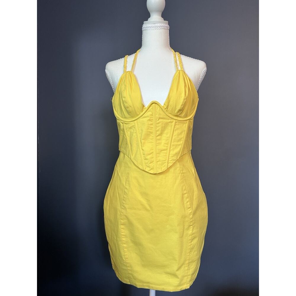 Oh Polly Canary Yellow Adjustable Neck Corset Body Con Cotton Dress Size 6